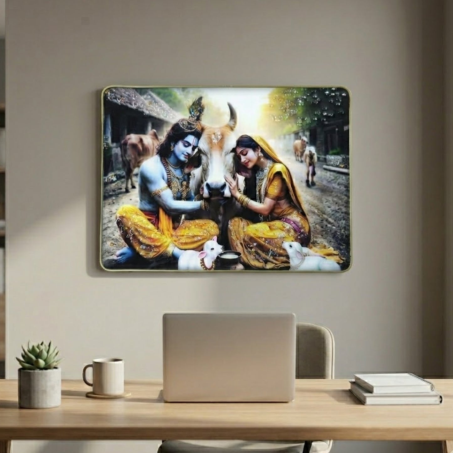 Peaceful Radha Krishna Village Scene Wall Art Frame (1 Pc, 45x30 Cm)