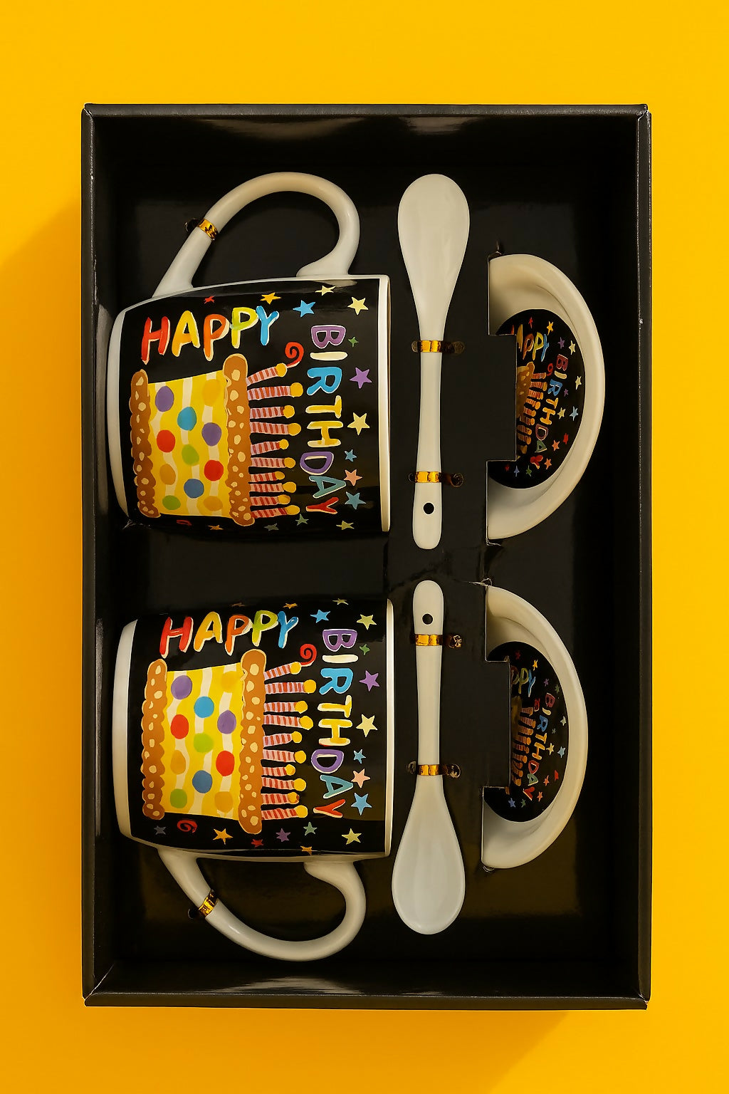 Happy Birthday Ceramic Mug Gift Set – Set of 2 Printed Coffee Mugs with Spoons