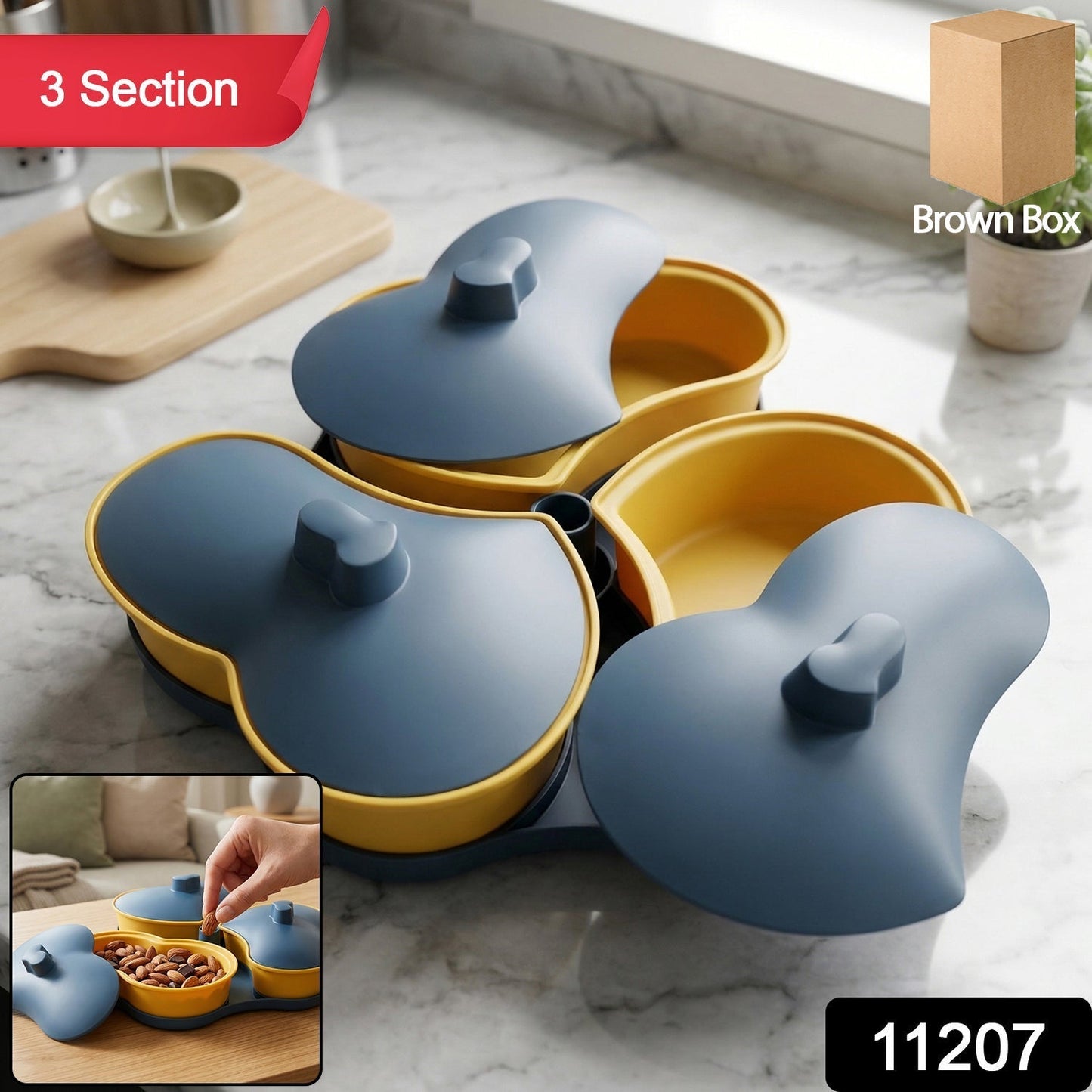 Multipurpose 3 Section Snack Serving Tray with Lid (1 Pc)