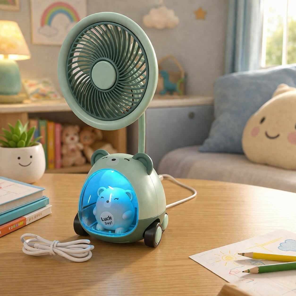 Kids Desk Fan with Pen Stand Sharpener & Night Light