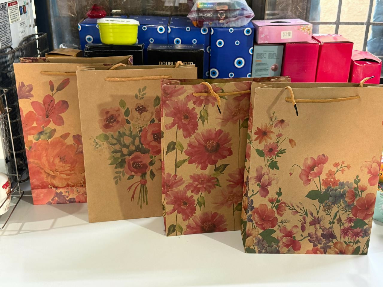Medium Floral Printed Kraft Gift Bags with Handles Set of 4