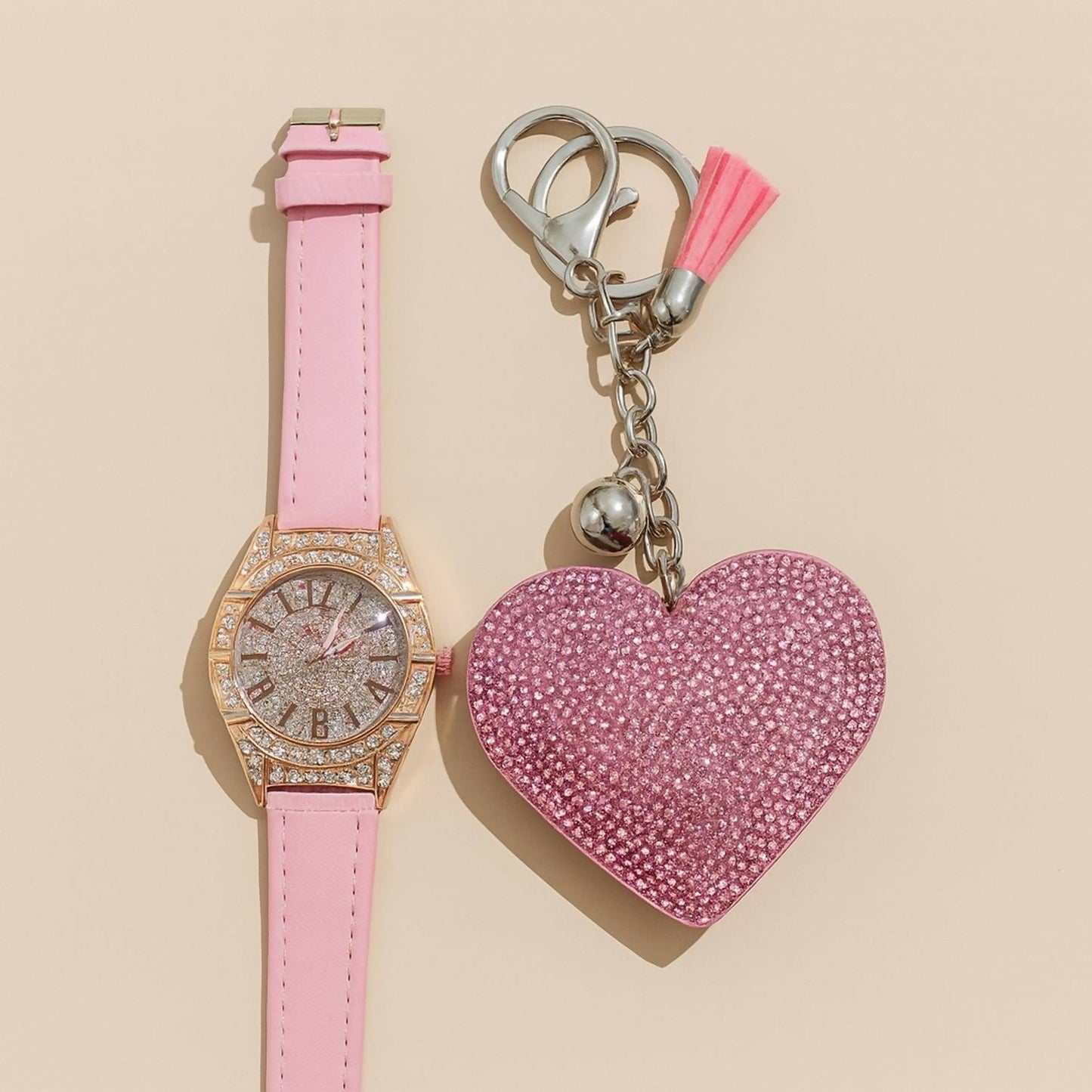 Stylish Leather Strap Analog Watch with Sparkling Heart Keychain