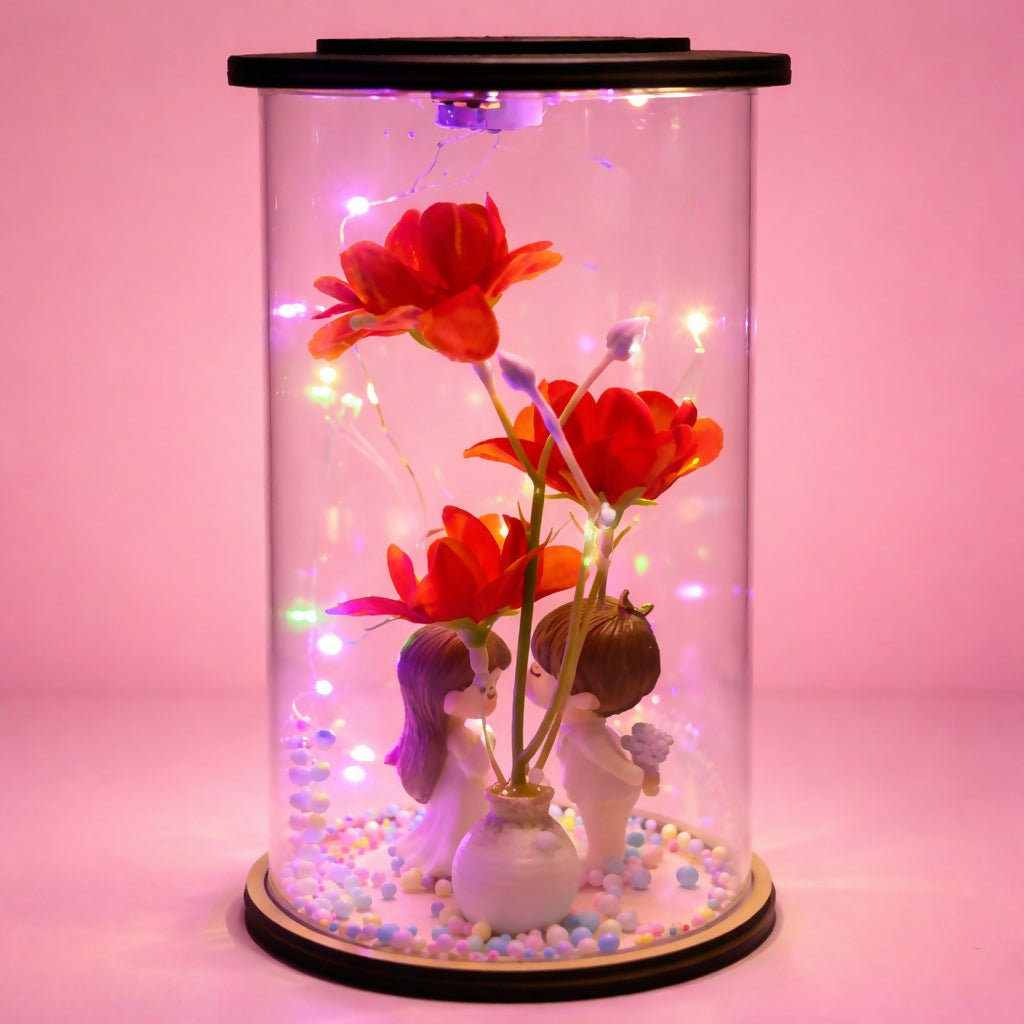 Romantic Couple Flower LED Glass Dome Decorative Night Lamp