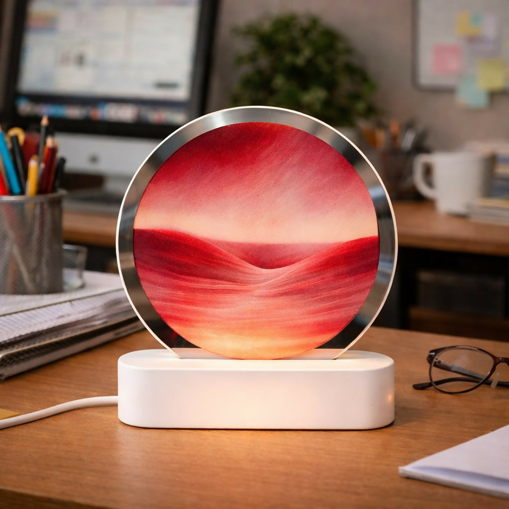 Red Moving Sand Art LED Lamp Round Decorative Desk Night Light