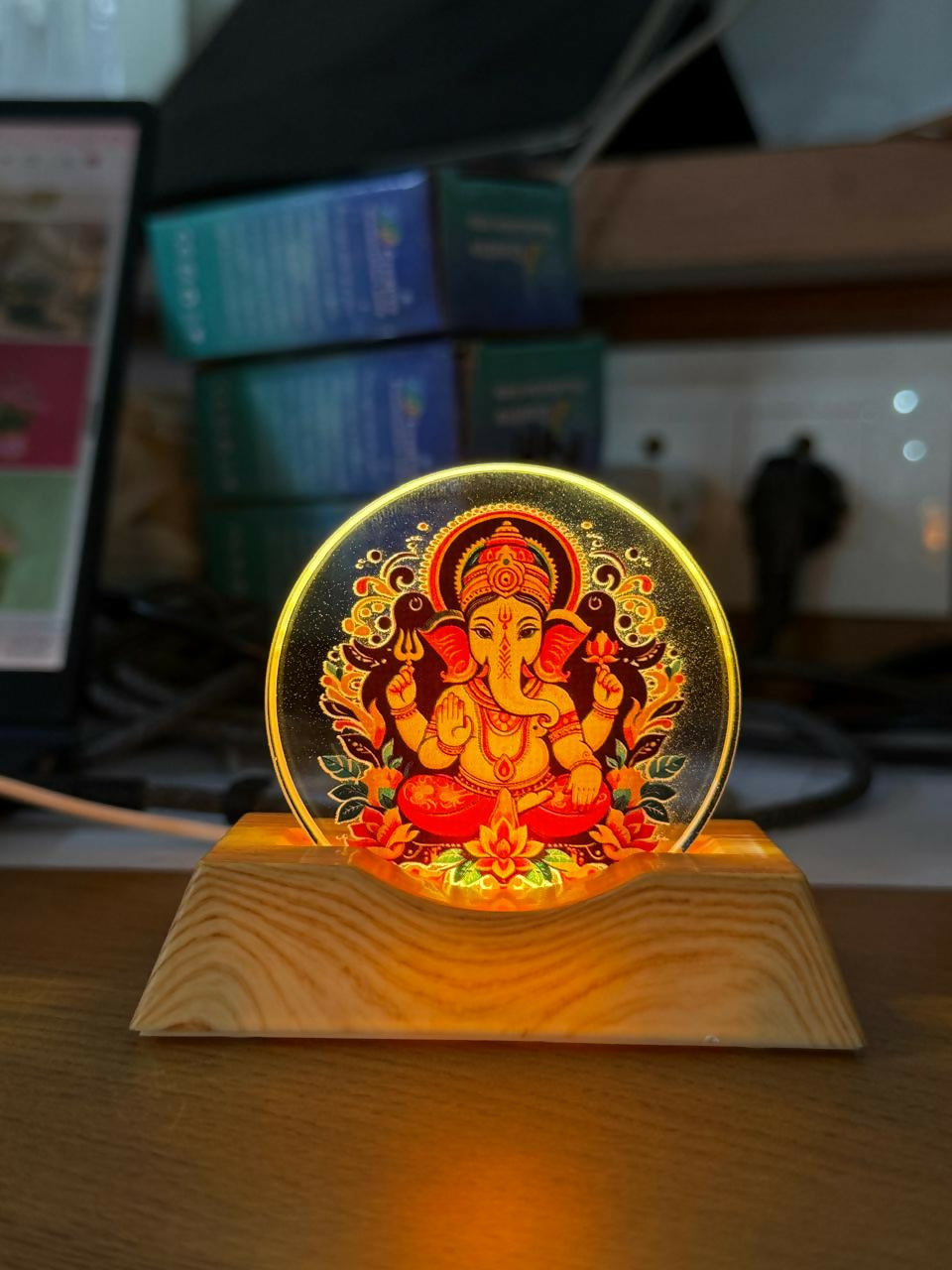 LED Lord Ganesha Acrylic Lamp with Wooden Base Spiritual Decor