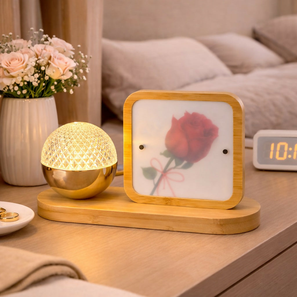 Wooden Photo Frame Lamp with LED Crystal Globe Light
