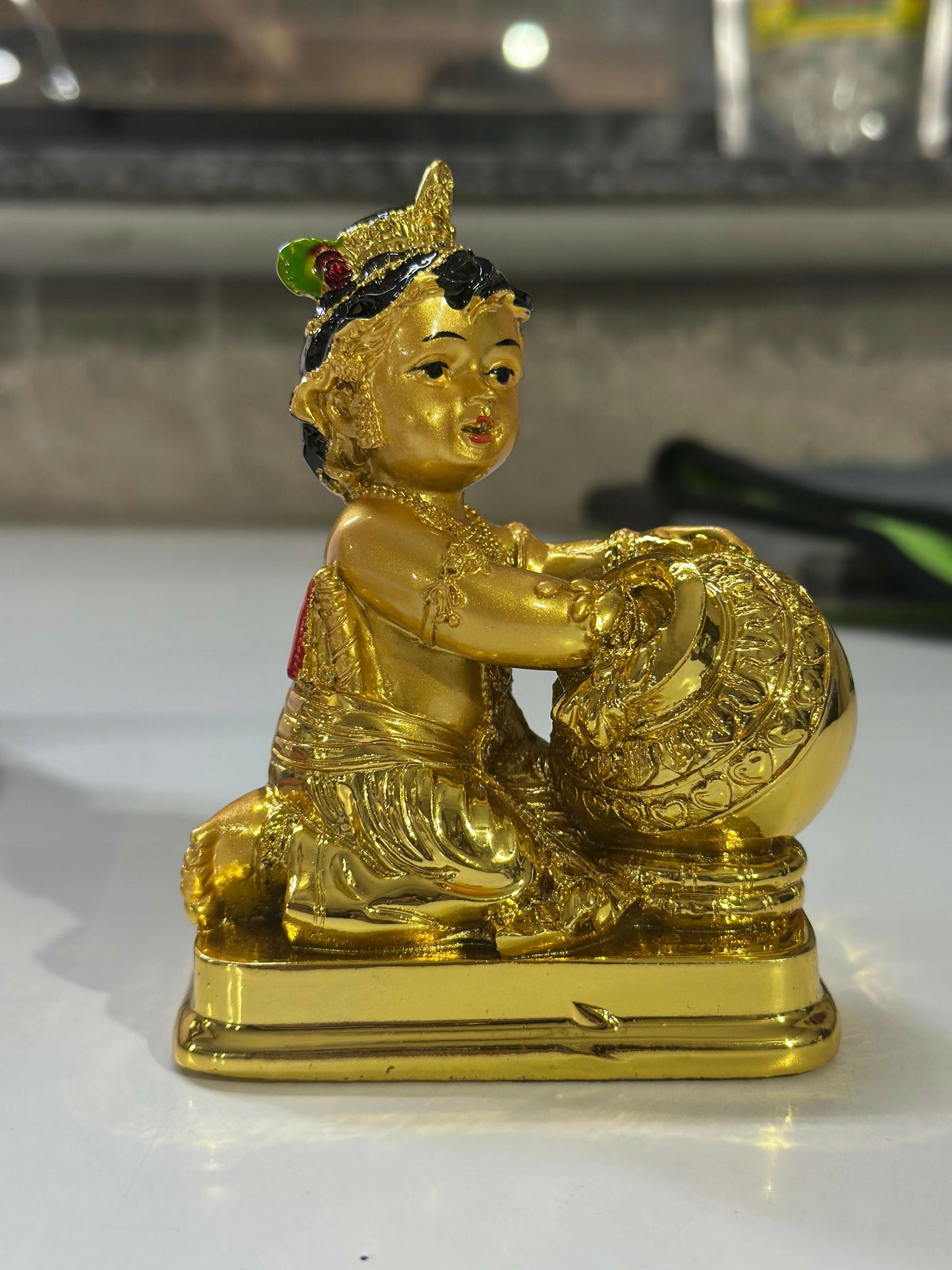 Gold Finish Baby Krishna with Butter Pot Decorative Idol for Home