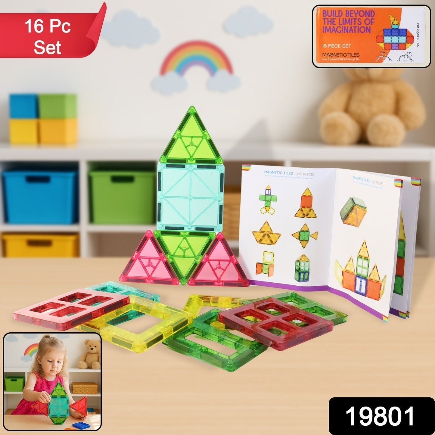 Magnetic Building Tiles Construction Toy Set (16 Pc / Set)
