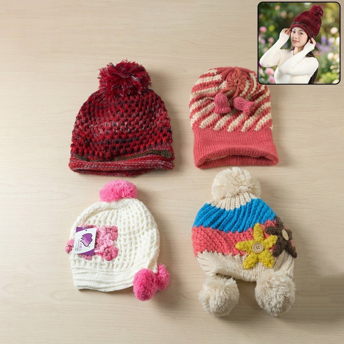Cute Winter Woolen Knitted Caps for Men & Women (1 Pc, Mix Design)