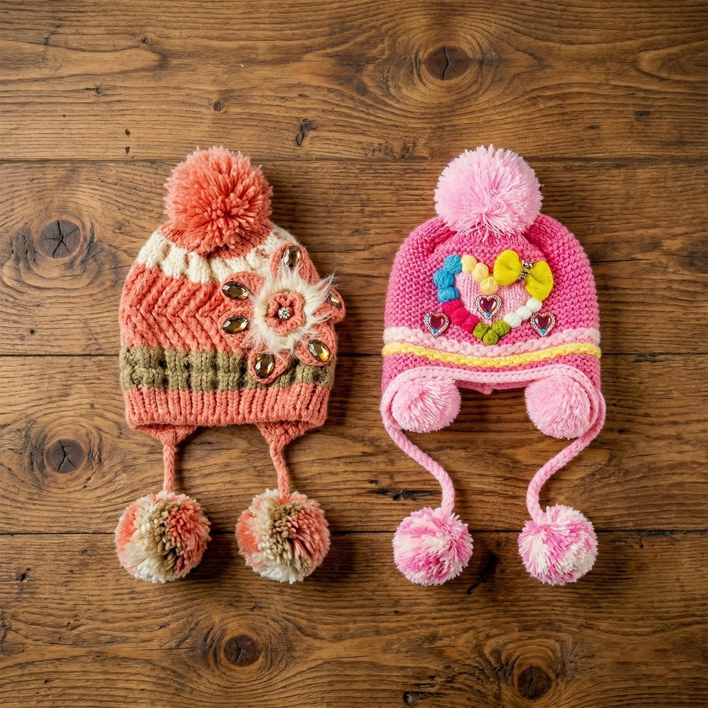 Cute Kids Winter Woolen Ear Flap Cap with Pom Pom (1 Pc, Mix Design)