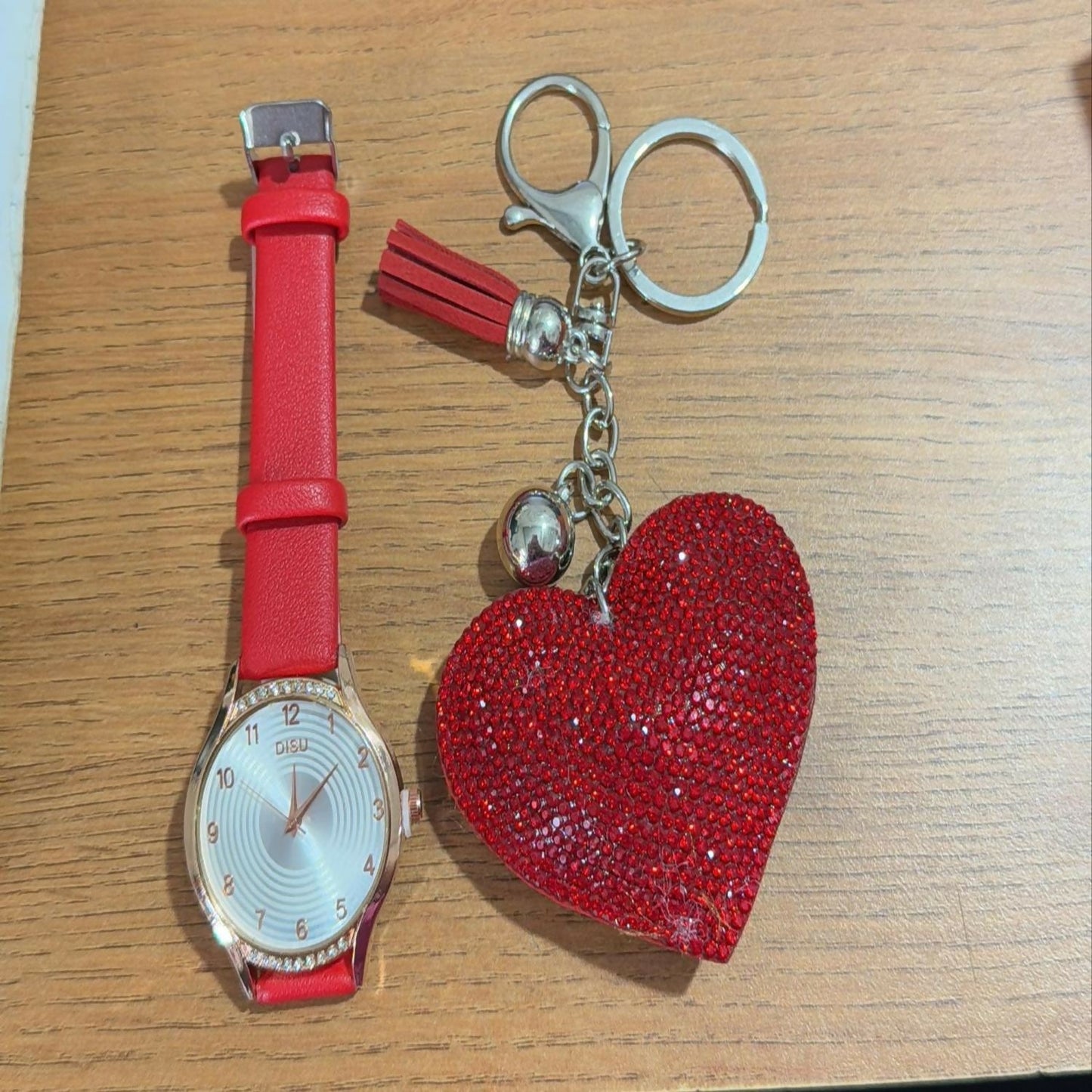 Stylish Leather Strap Analog Watch with Sparkling Heart Keychain