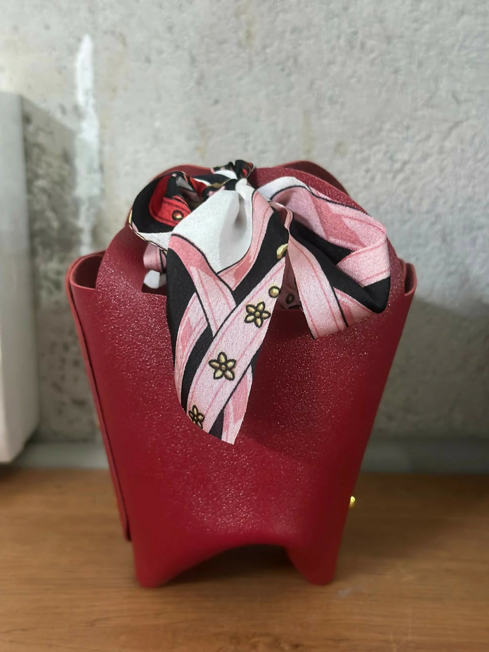 Maroon Mini Handbag with Scarf Handle Compact Stylish Fashion Purse