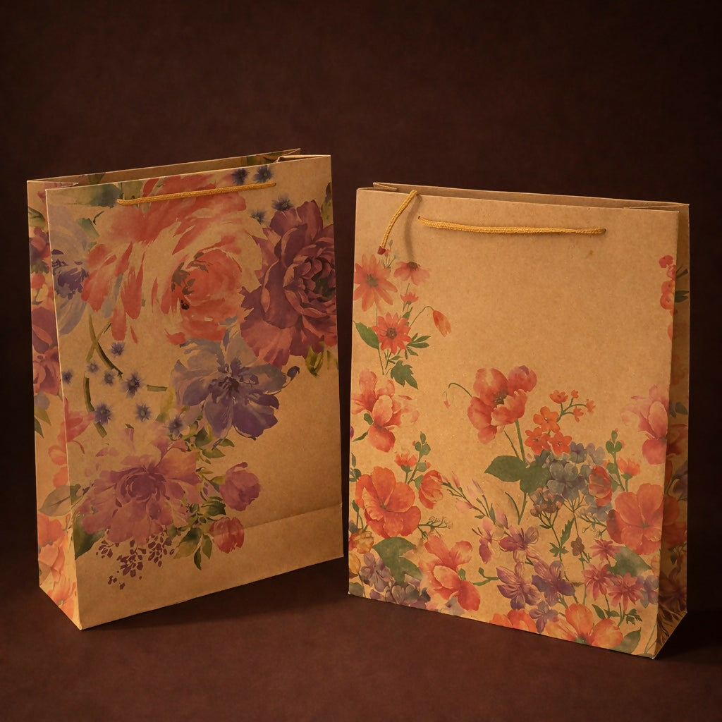 Medium Floral Printed Kraft Gift Bags with Handles Set of 4