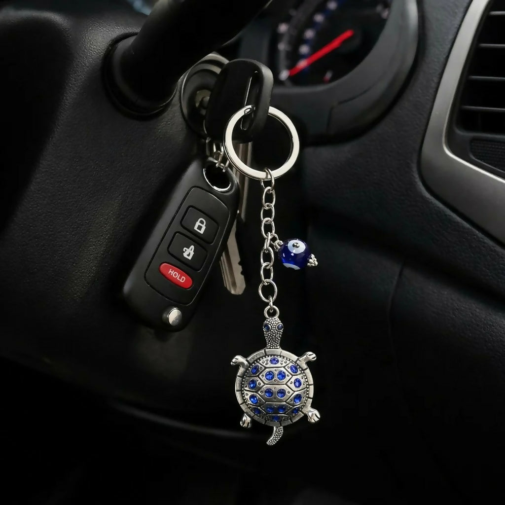 Turtle Keychain with Evil Eye Charm Metal Key Ring Pendant