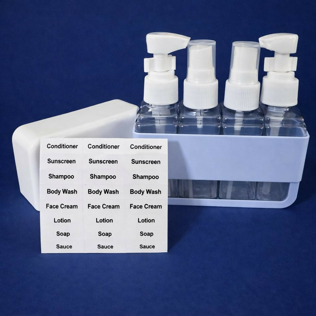 Blue Portable Travel Bottle Set with Pump and Spray Dispenser Kit