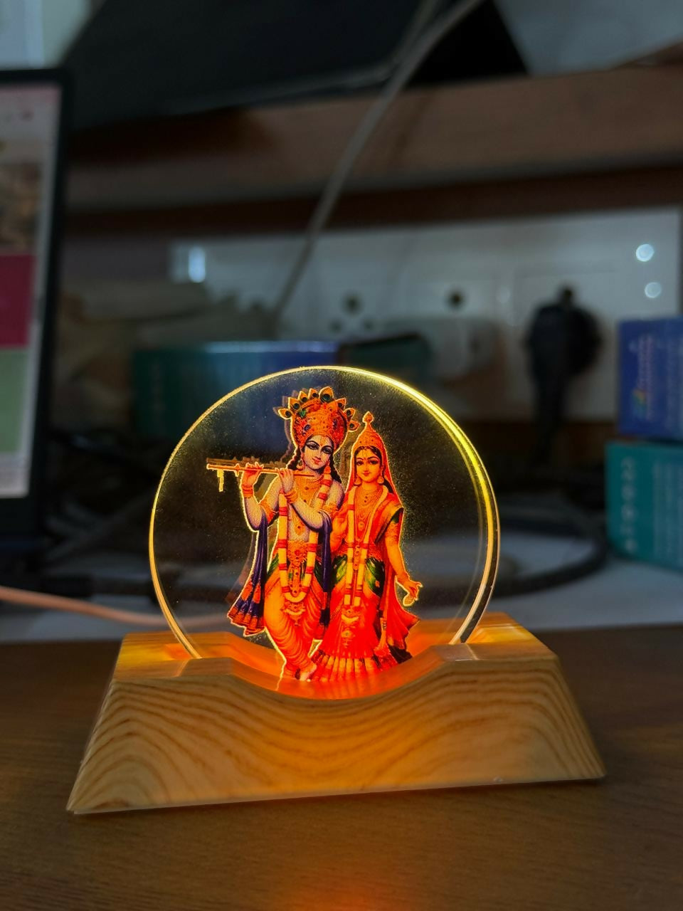 LED Radha Krishna Acrylic Lamp with Wooden Base Spiritual Decor
