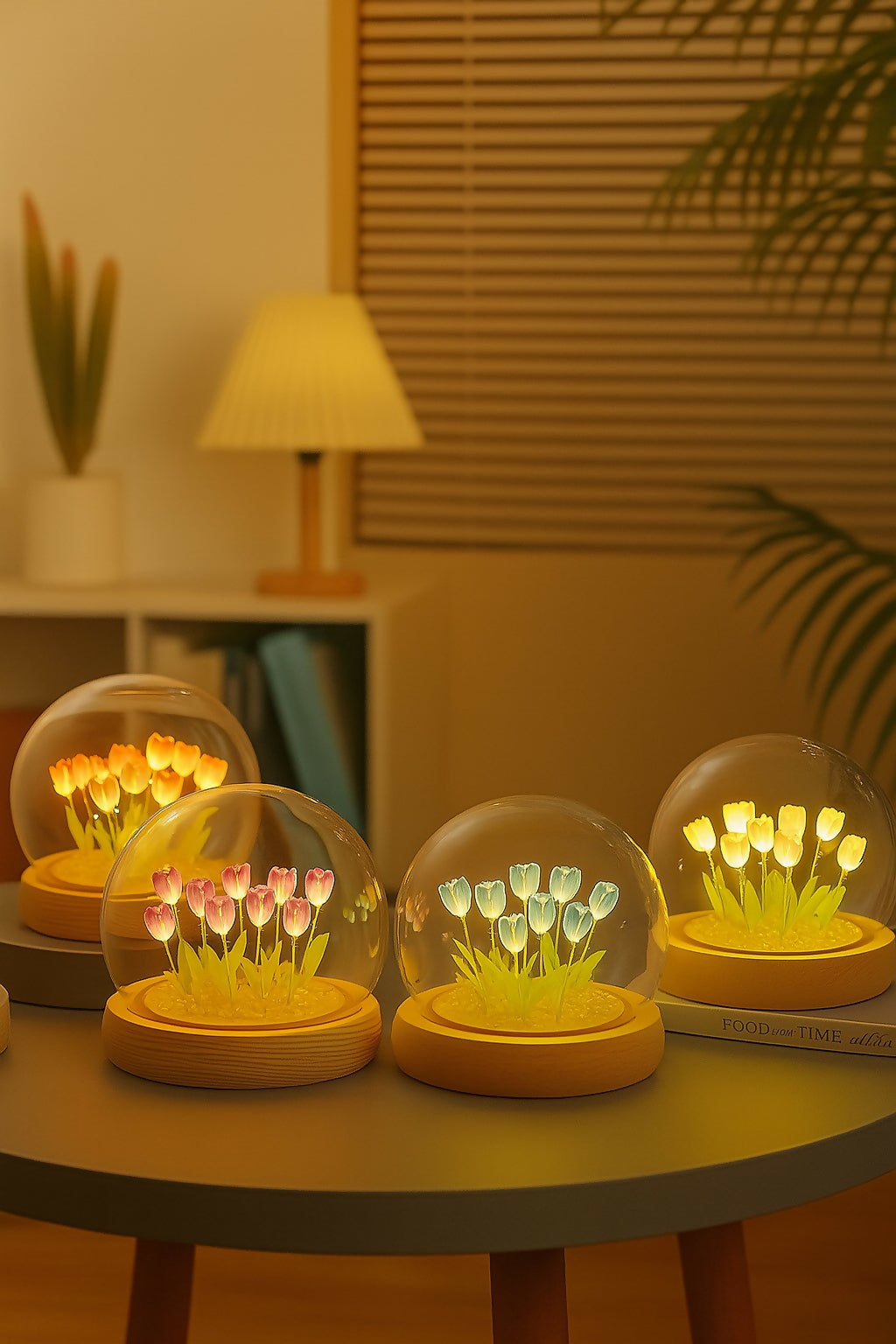 LED Peach Orange Tulip Flower Light Dome with Glass Cover and Wooden Base