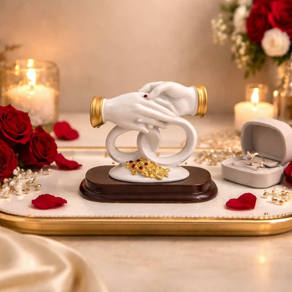 White and Gold Couple Hand Sculpture Showpiece with Ring Design Home Decor