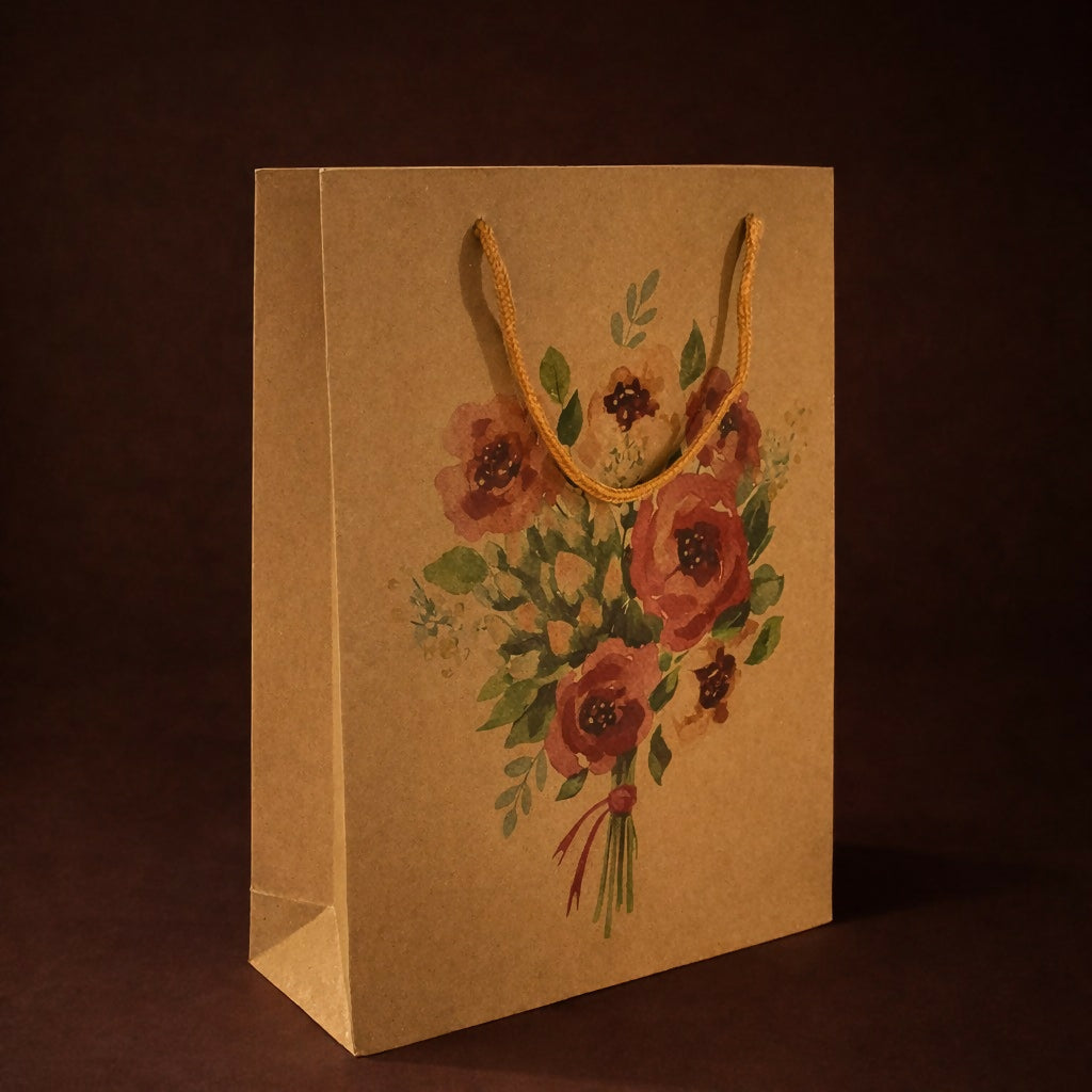 Medium Floral Printed Kraft Gift Bags with Handles Set of 4