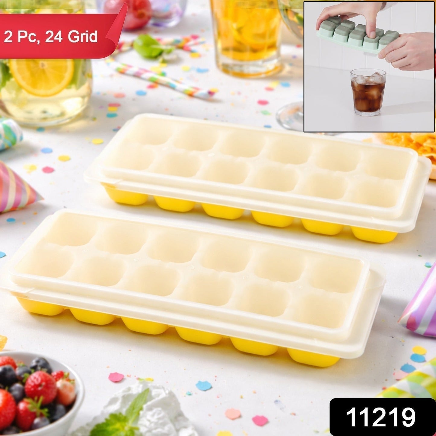 24 Grid Pop Up Ice Cube Tray Set with Lid (2 Pc Set)