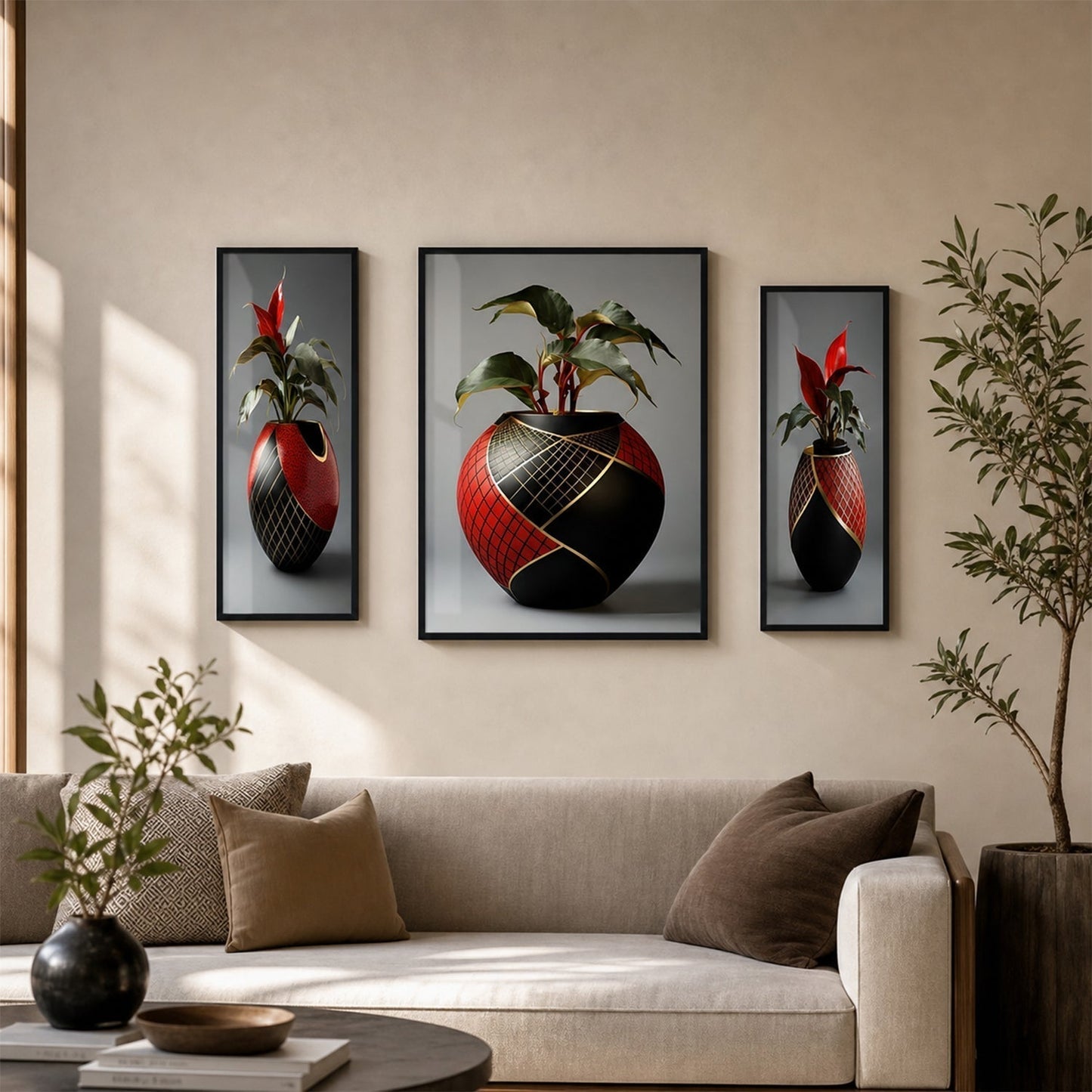 Flower Vase 3 Panel MDF Wall Frame Home Decor Floral Art 16.5x12in (1 Pc)