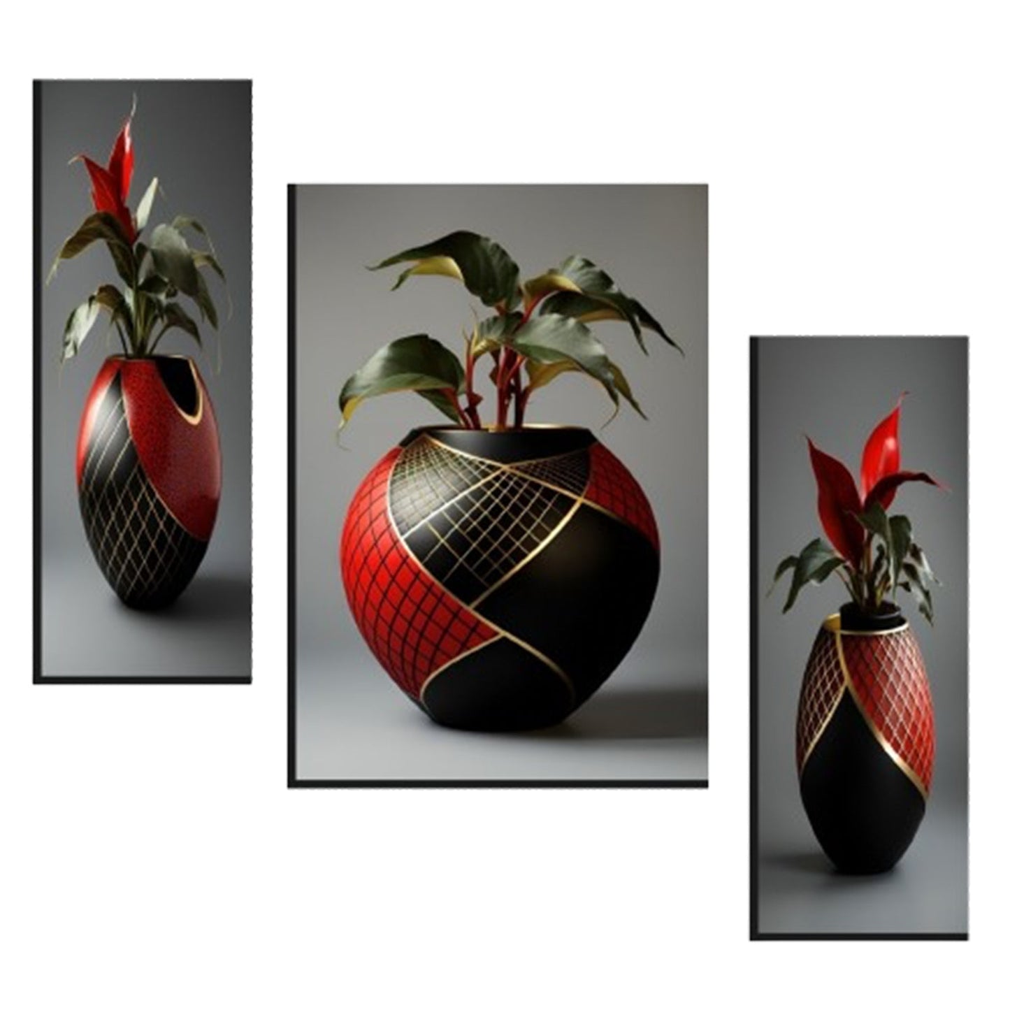 Flower Vase 3 Panel MDF Wall Frame Home Decor Floral Art 16.5x12in (1 Pc)