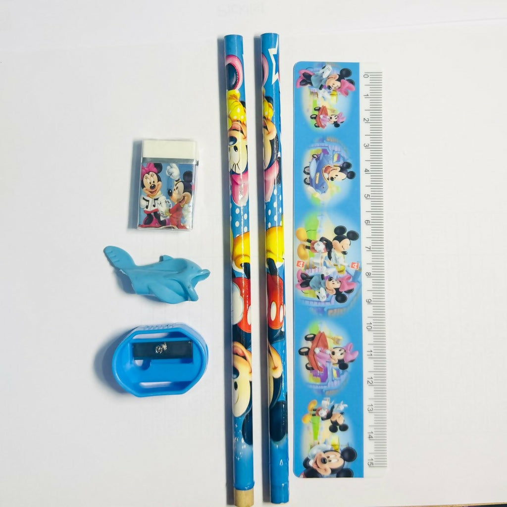 Kids Cartoon Stationery Set with 2 Pencils, Ruler, Eraser, Sharpener & Grip