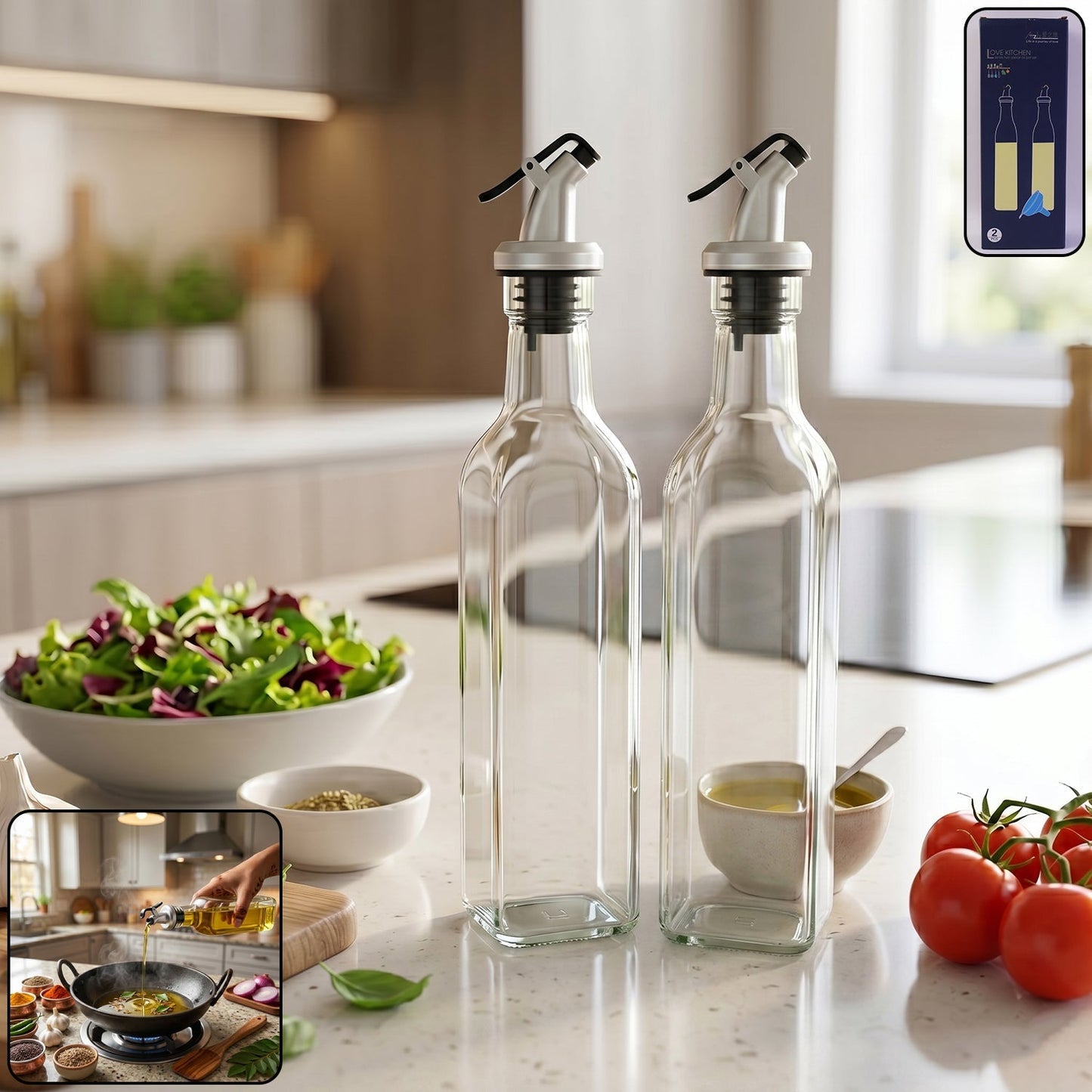 Glass Oil Dispenser Bottle Transparent Leak Proof Olive Oil Vinegar (2 Pc Set)