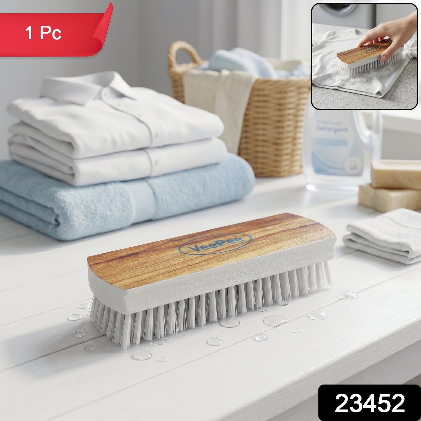 Veepee Cloth Washing and Cleaning Scrub Brush (1 Pc) – Heavy-Duty Bristles with Wooden Finish Handle