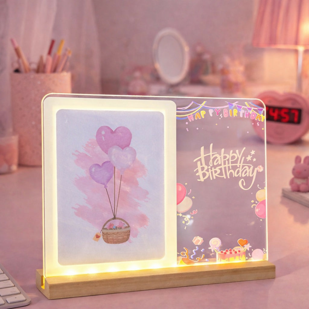 Happy Birthday LED Acrylic Message Lamp with Wooden Base | Decorative Table Light