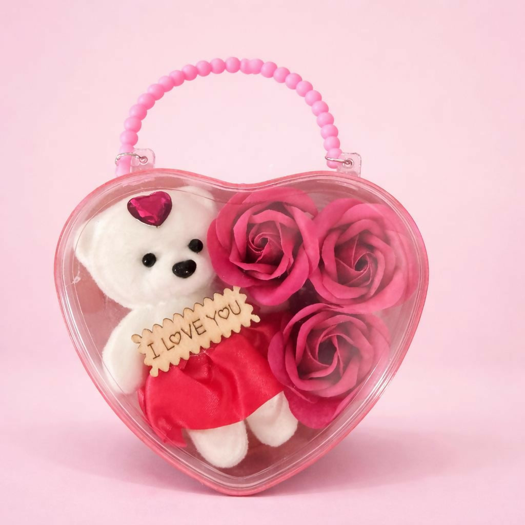 Heart Shape Gift Box with Teddy and Roses Romantic Gift Set