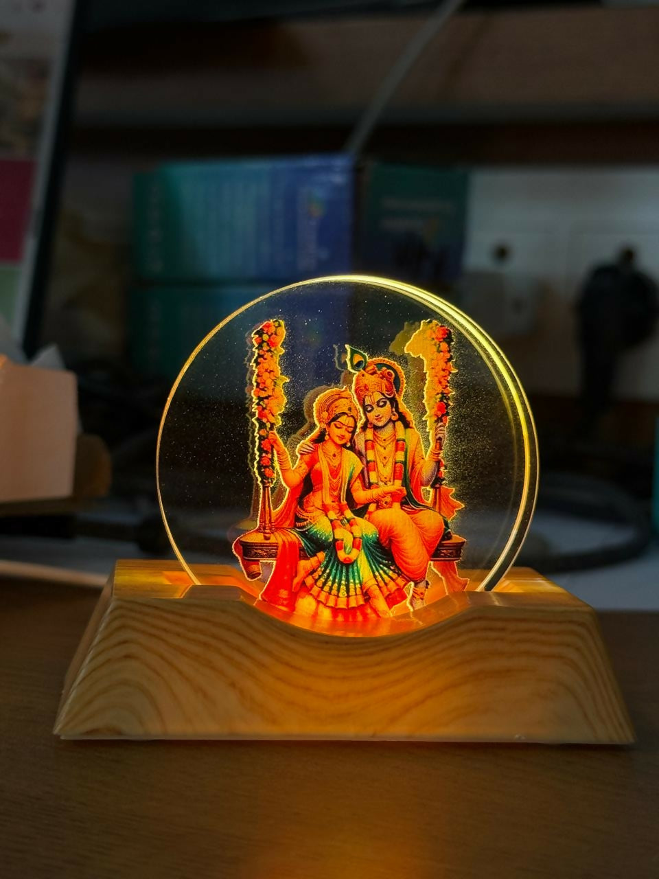 LED Radha Krishna on swing Acrylic Night Lamp with Wooden Base Decor
