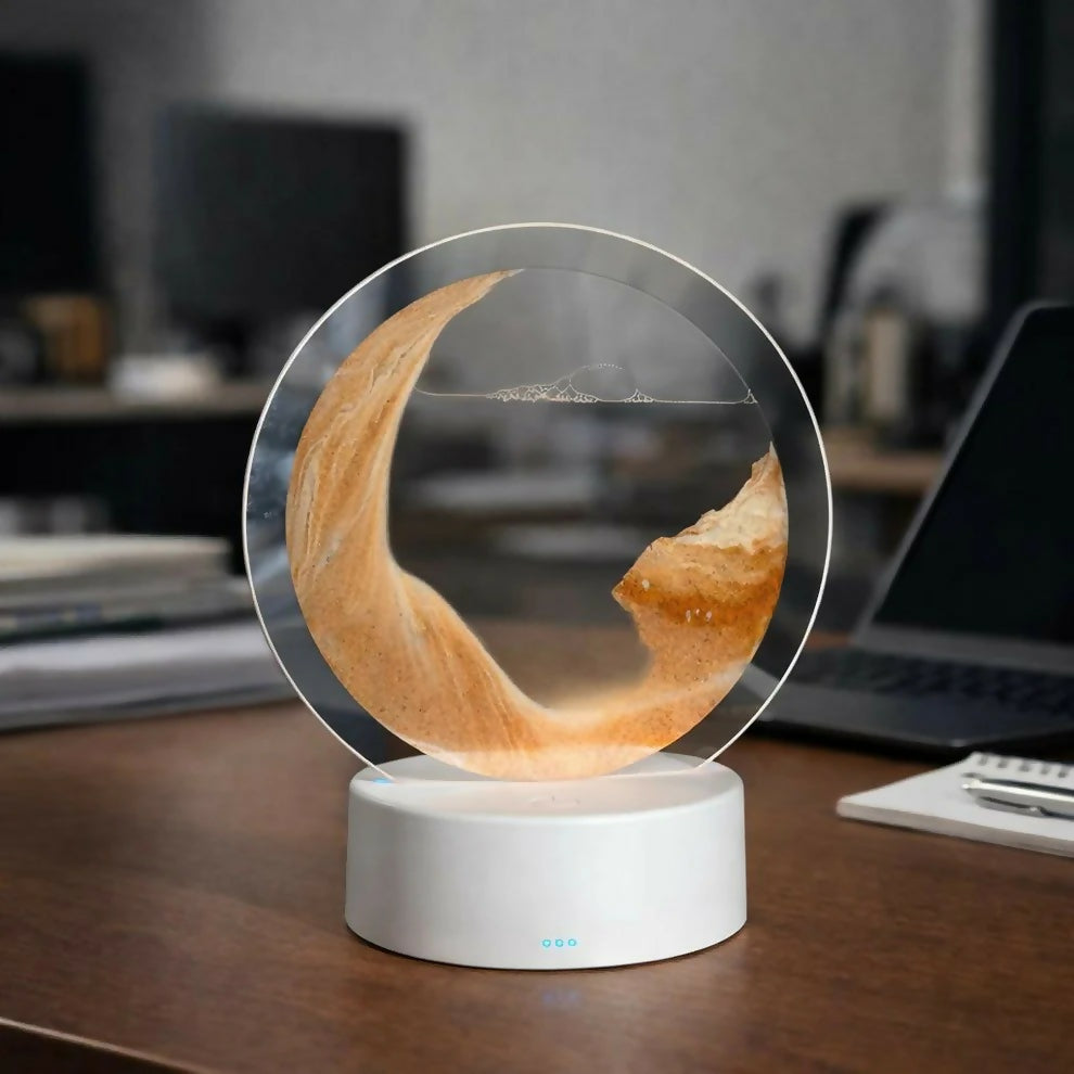 Orange Round Moving Sand Art LED Lamp with Flowing Landscape Design