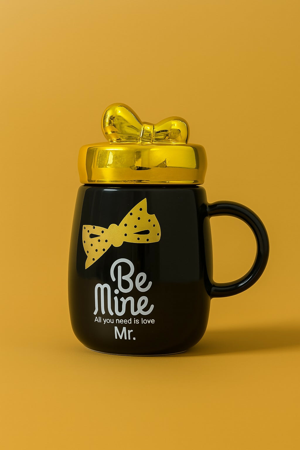 "Be Mine Mr. Black Ceramic Coffee Mug with Golden Lid and Bow Tie