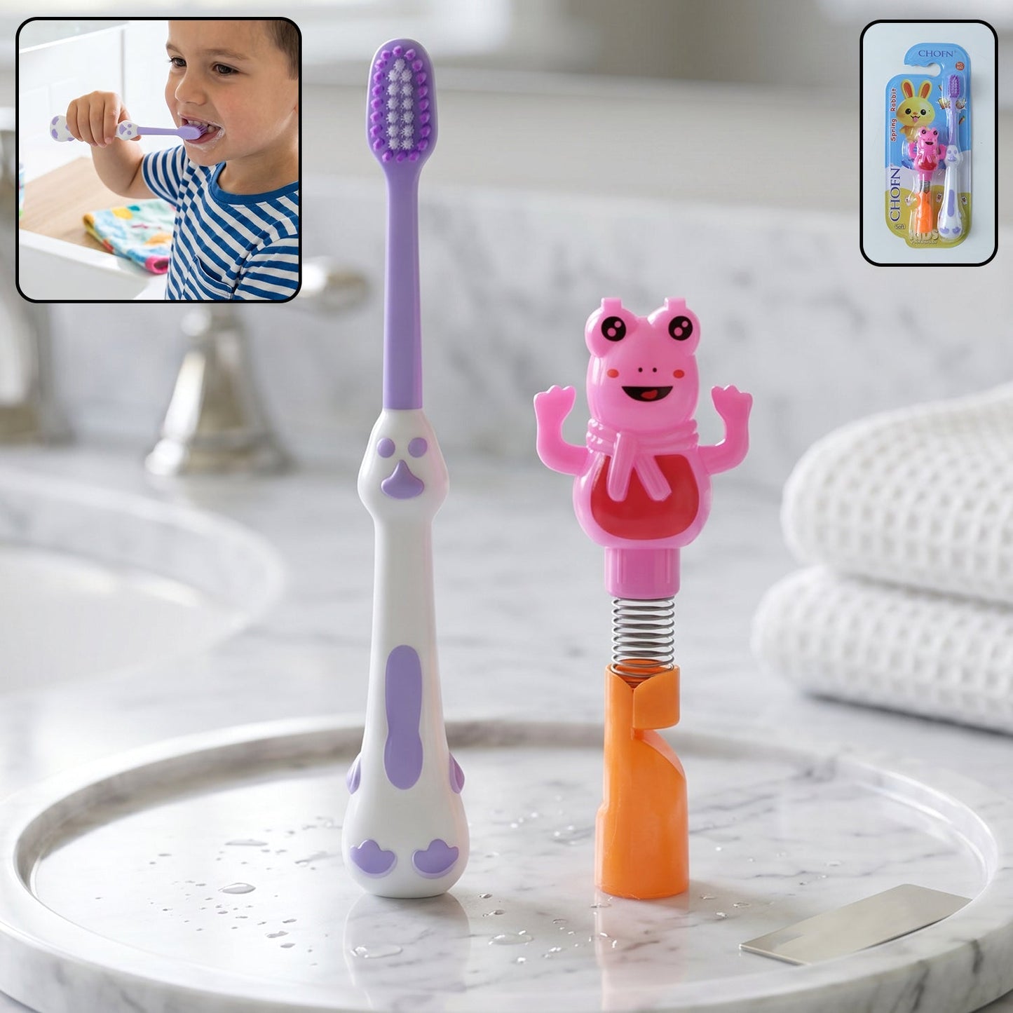Kids Cartoon Spring Frog Toy With Toothbrush Set (2 Pc Set)