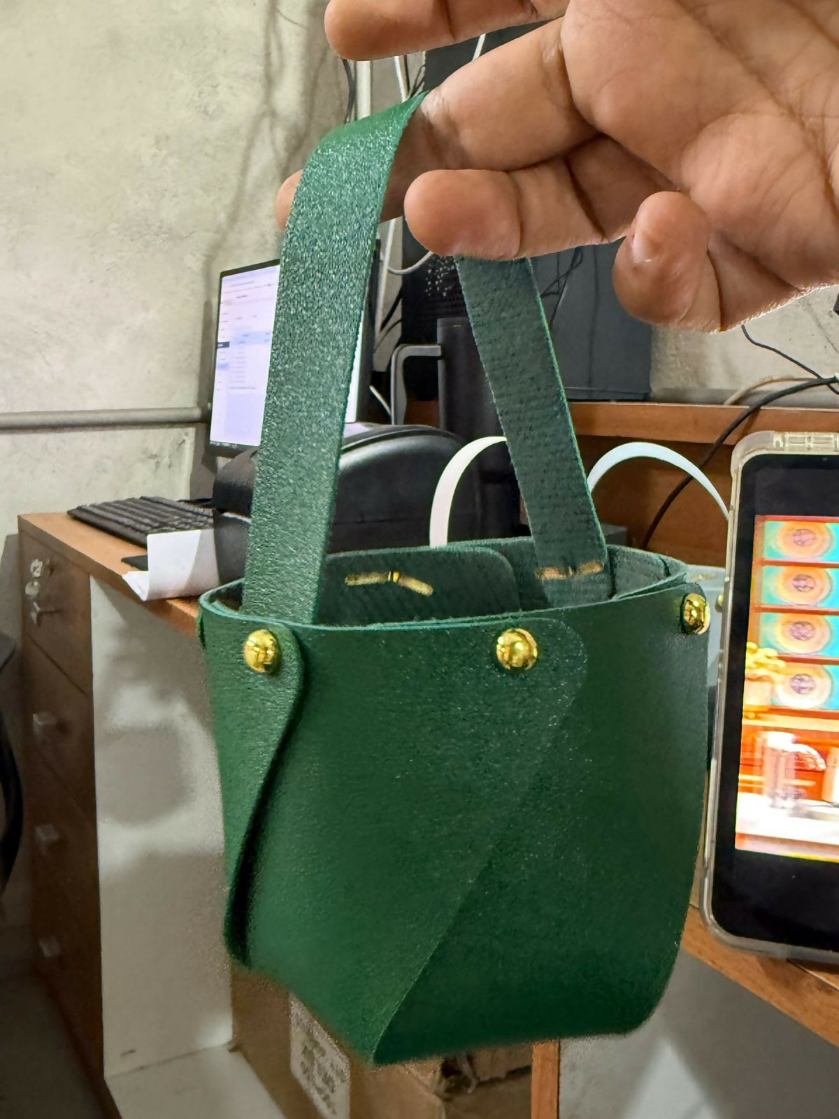 Green Mini Bucket Style Handbag with Handle and Stud Detail