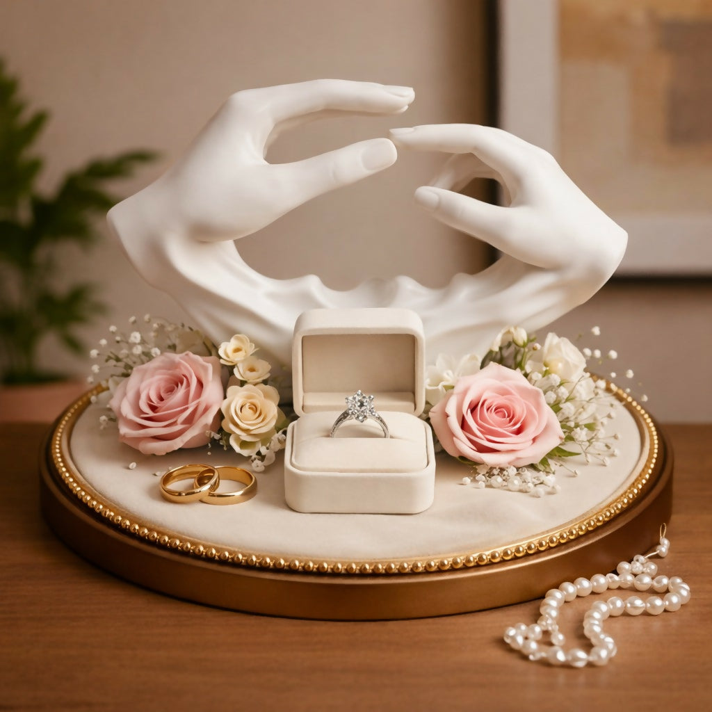 White and Gold Abstract Hand Sculpture Showpiece with Floral Design for Home Decor
