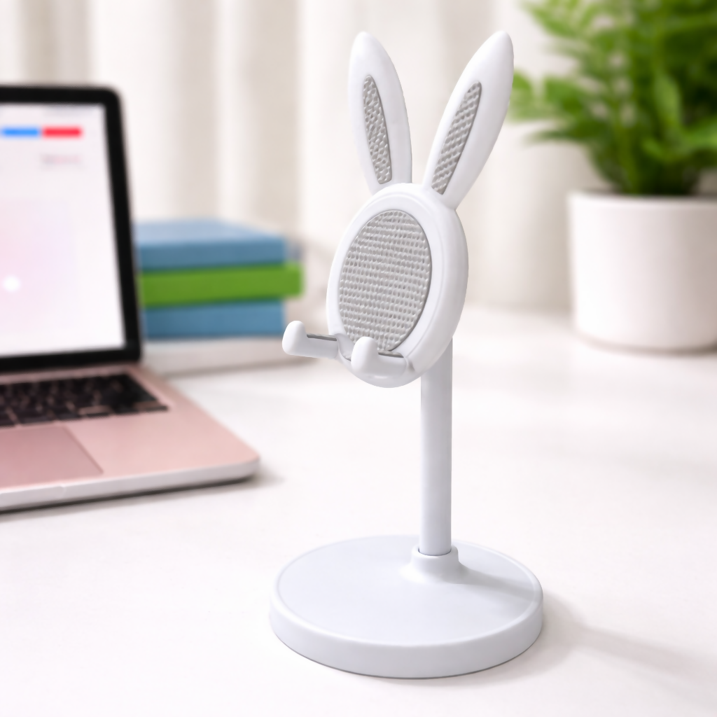 White Adjustable Bunny Ear Mobile Phone Stand Holder for Desk & Table