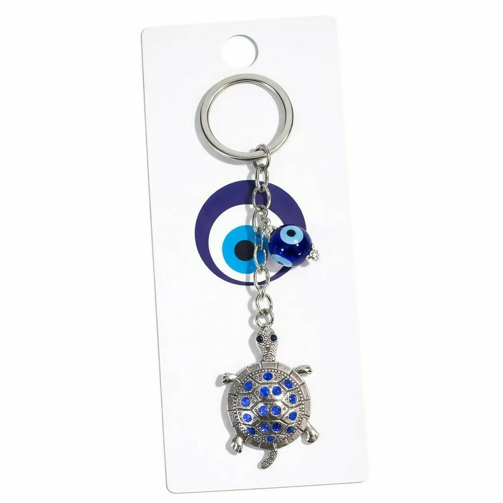 Turtle Keychain with Evil Eye Charm Metal Key Ring Pendant