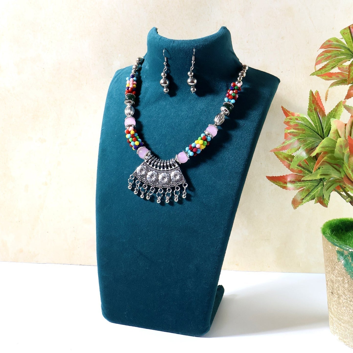 Premium Multicolor Beaded Oxidised Necklace (1 Pc Set)