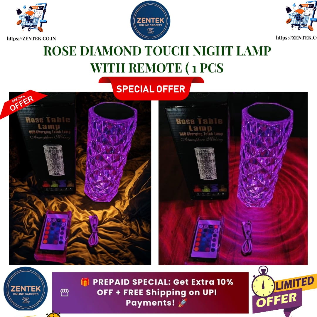 Premium Rose Diamond Crystal Table Lamp - 16 Color Changing RGB Touch Light with Remote