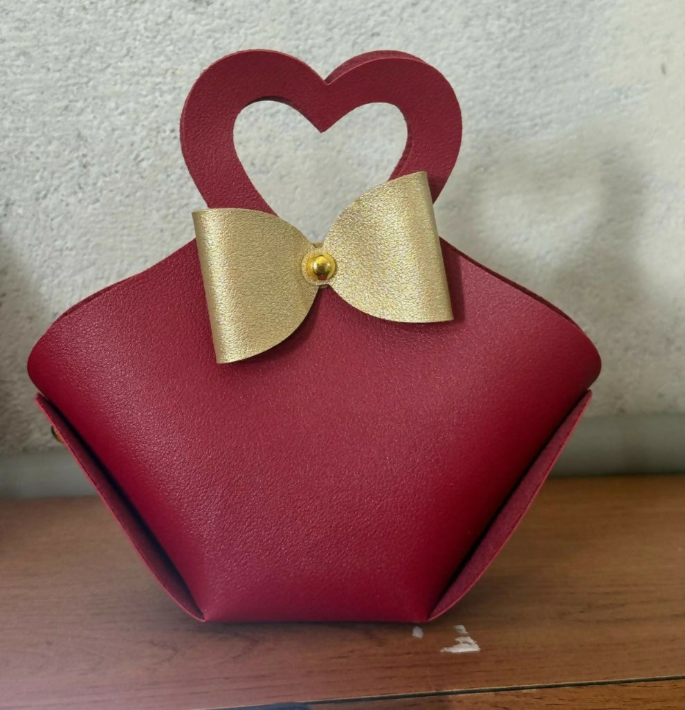Maroon Mini Handbag with Heart Handle and Bow Compact Cute Purse