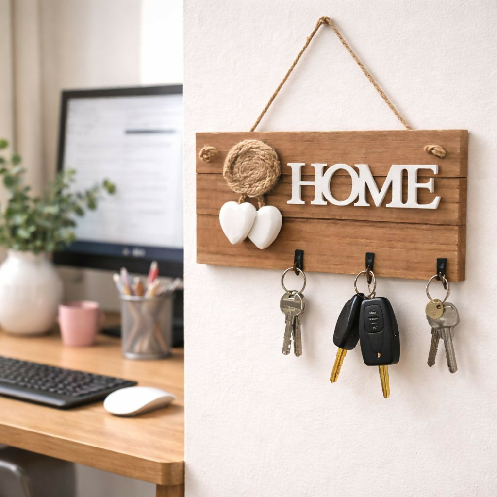 Wooden HOME Key Holder Wall Mount with 3 Hooks Organizer