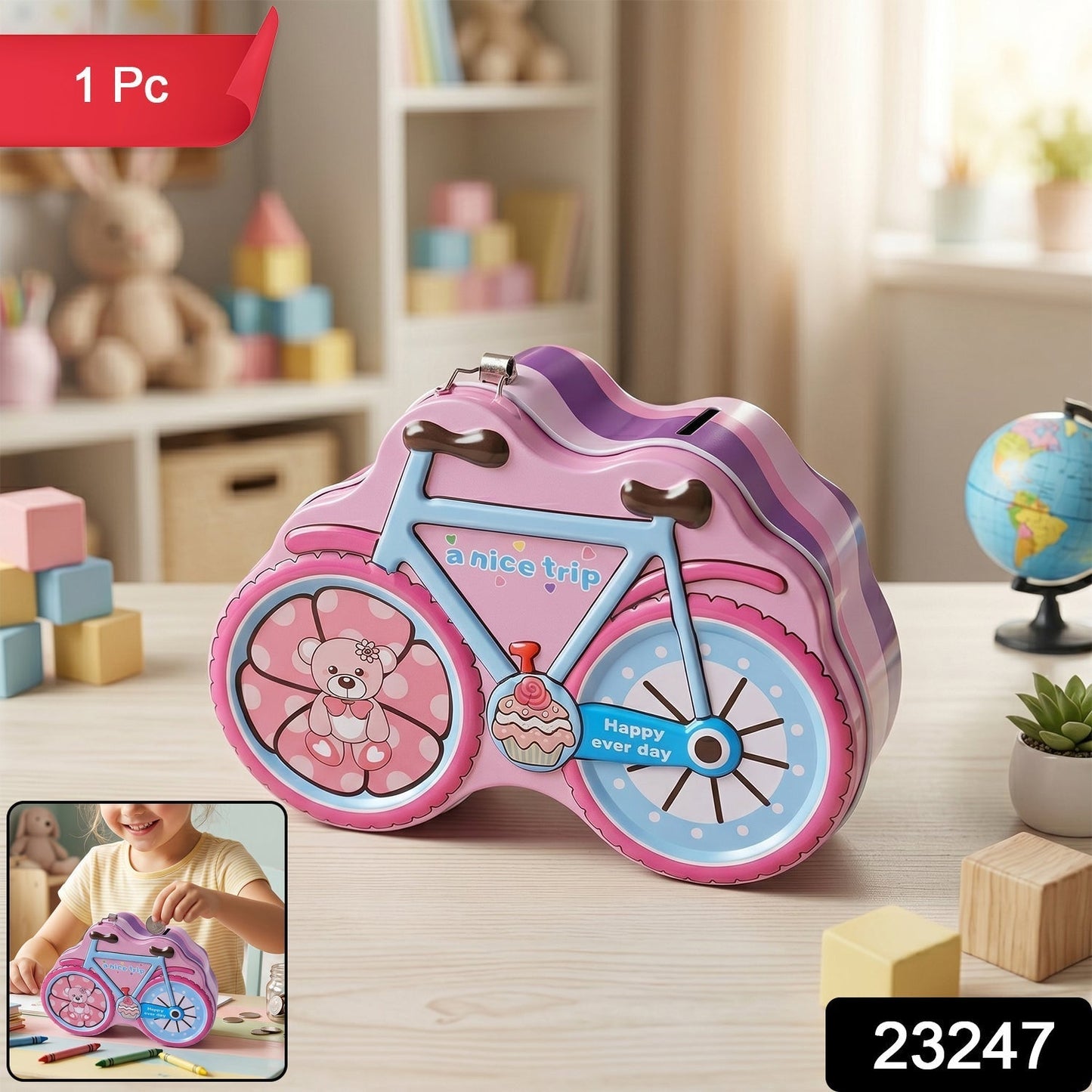 Bicycle Shape Piggy Bank With Lock & Key– 1 Pc,