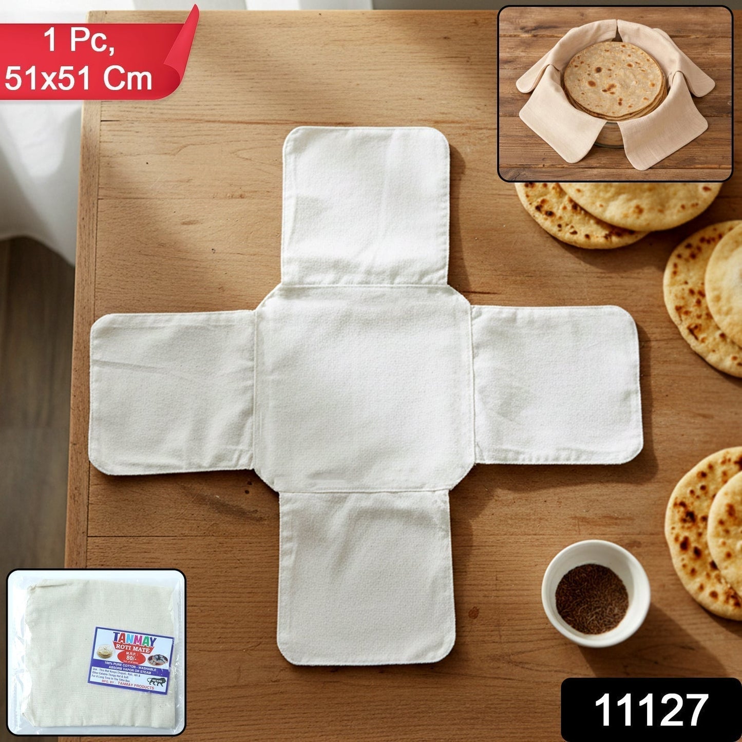 Pure Cotton Roti Mate Cloth, Round roti Cover (51 × 51 Cm, 1 Pc)