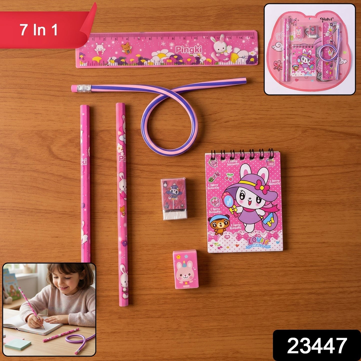 7-In-1 Cute Pink Stationery Set with Ruler, Pencil, Eraser, Notebook, Sharpener