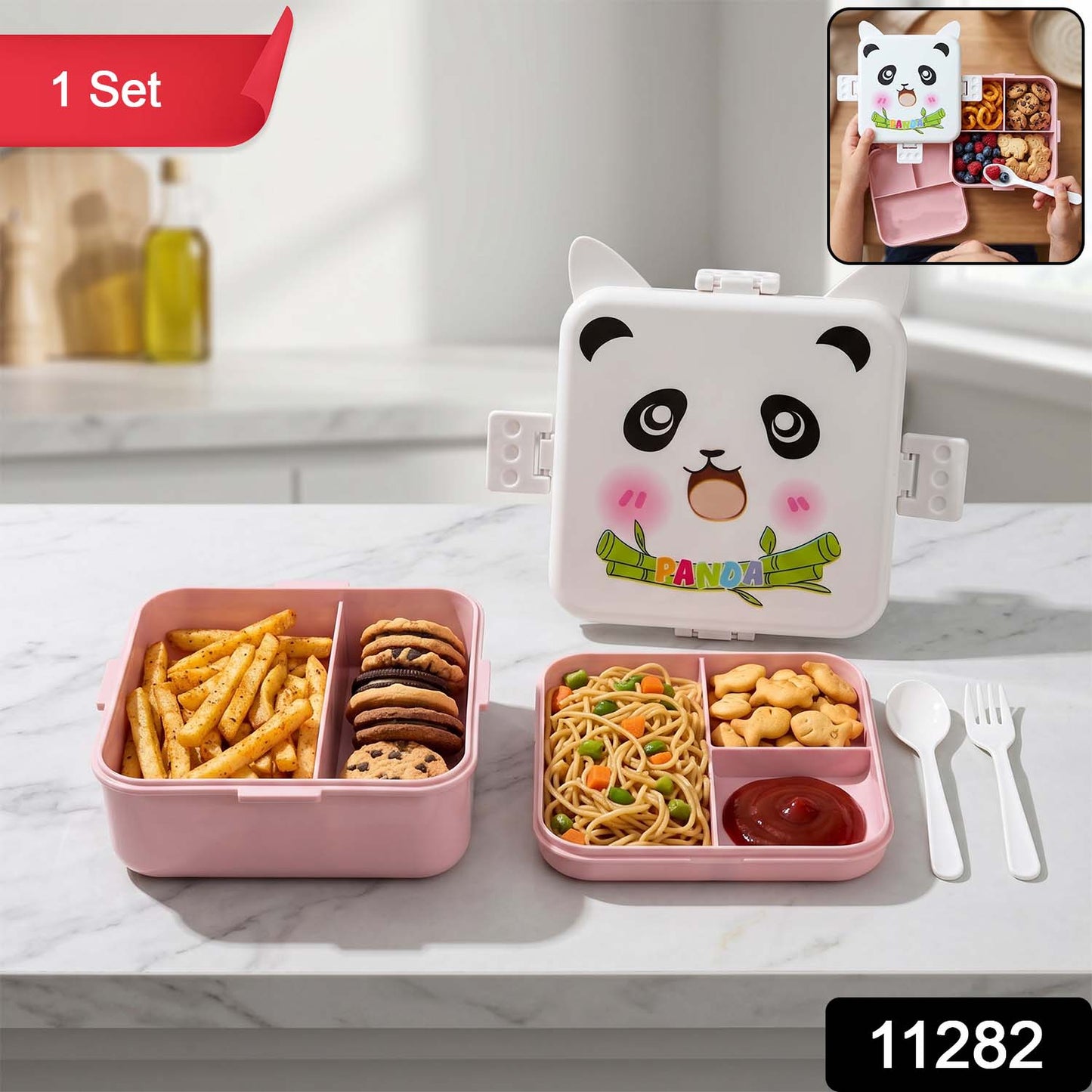 Panda Design Kids Lunch Box with Separate Compartments (1Set)