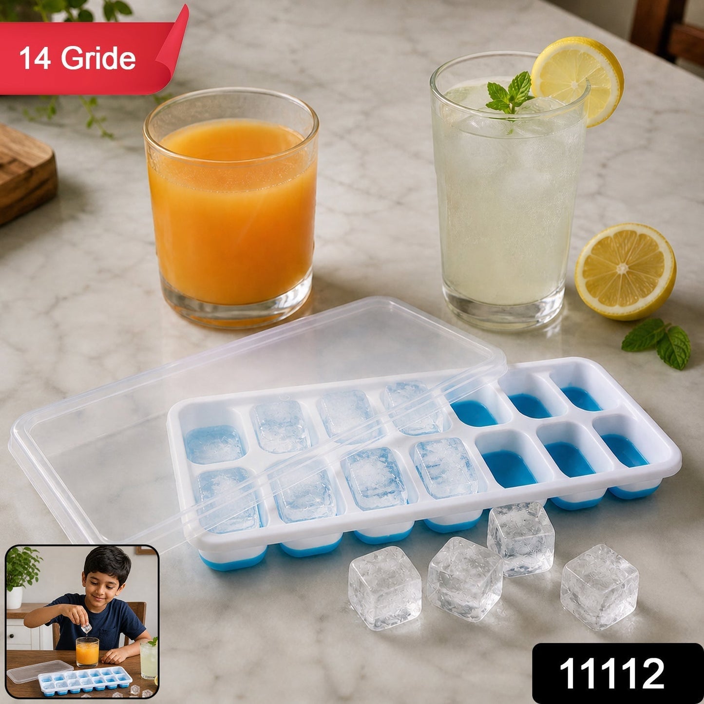 Multipurpose Plastic Ice Cube Tray With Lid (1 Pc, 14 Gride)