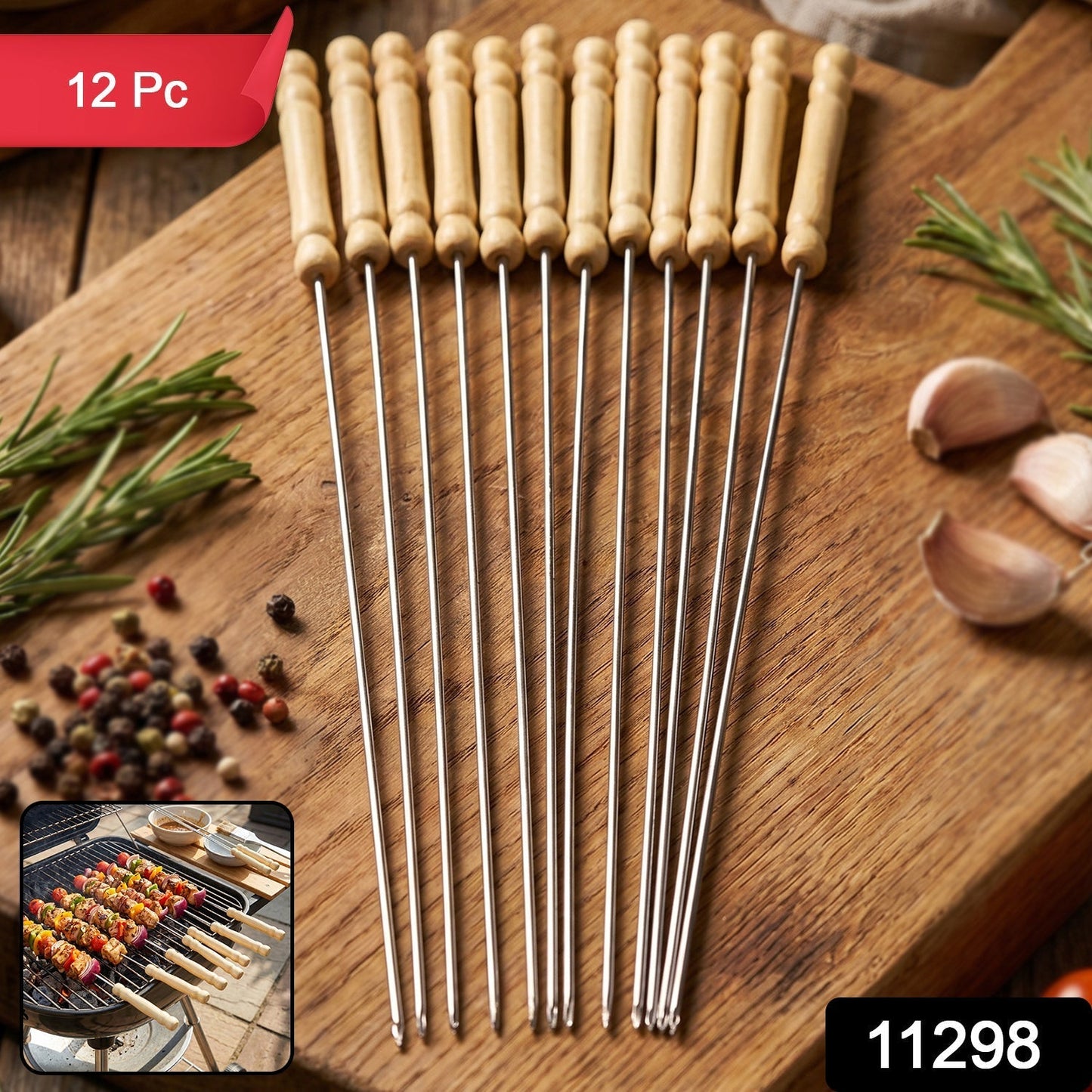Stainless Steel BBQ Skewers with Wooden Handle (12 Pc)