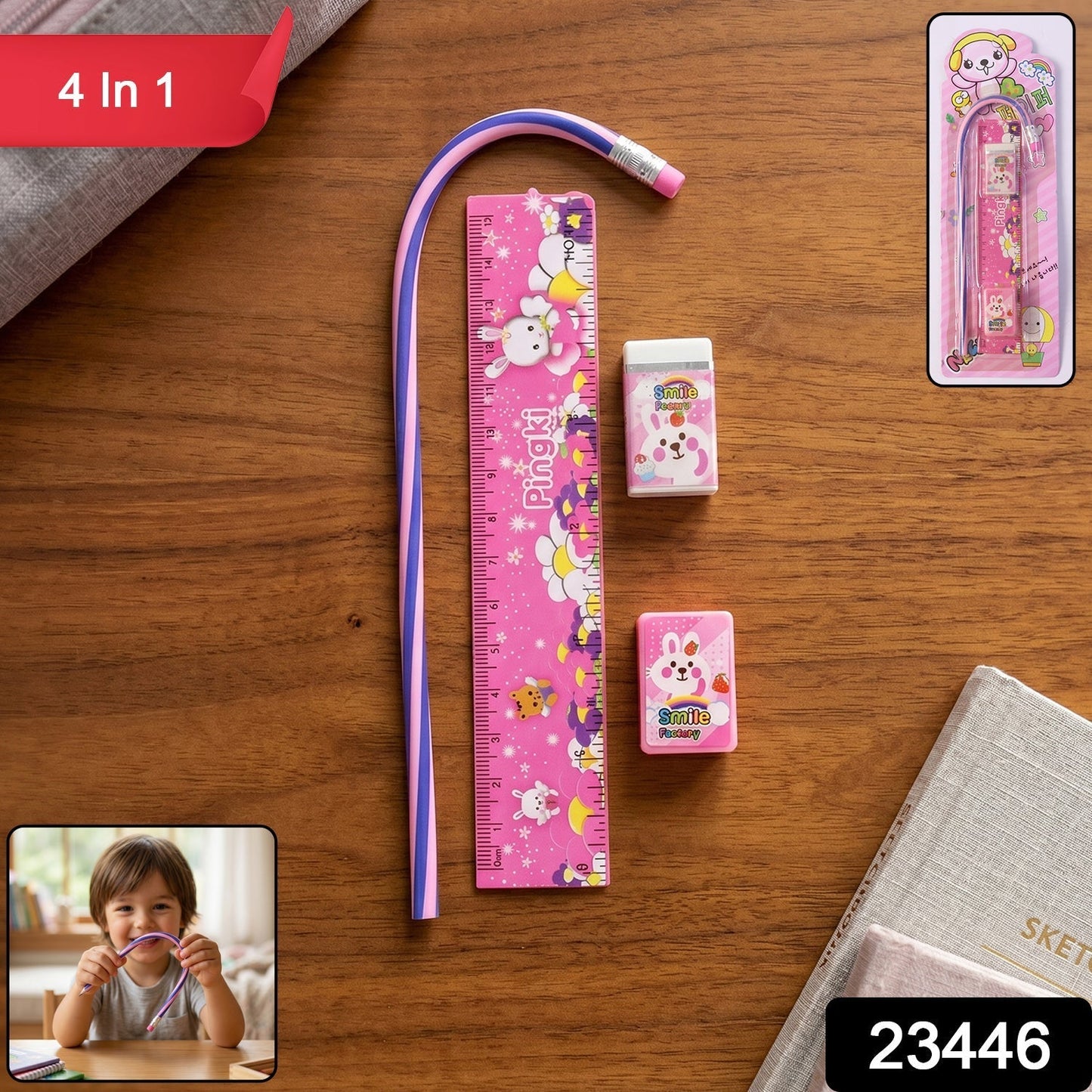 4-In-1 Cute Pink Stationery Set with Ruler, Pencil, Eraser & Sharpener